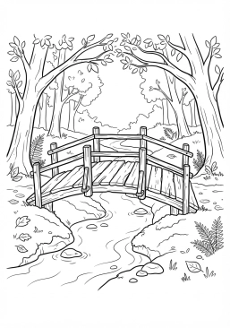 Voir le coloriage Vieux pont de bois vermoulu enjambant un ruisseau moussu