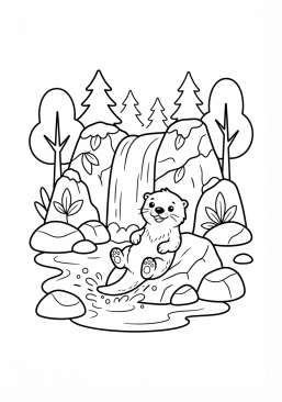 Voir le coloriage Loutre joueuse près d'une cascade cachée au fond des bois