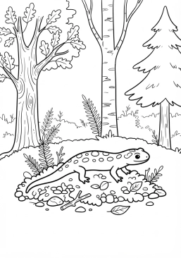 Voir le coloriage Petite salamandre tachetée avançant lentement sur la mousse