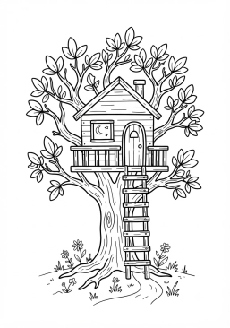 Voir le coloriage Cabane en bois perchée dans les branches d'un grand arbre