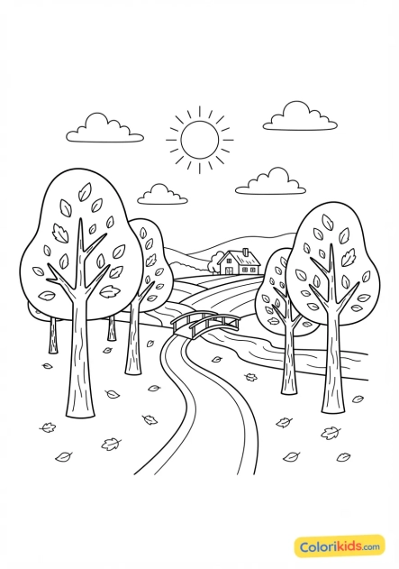 Coloriage à imprimer : paysage d'automne avec des arbres aux feuilles orangées