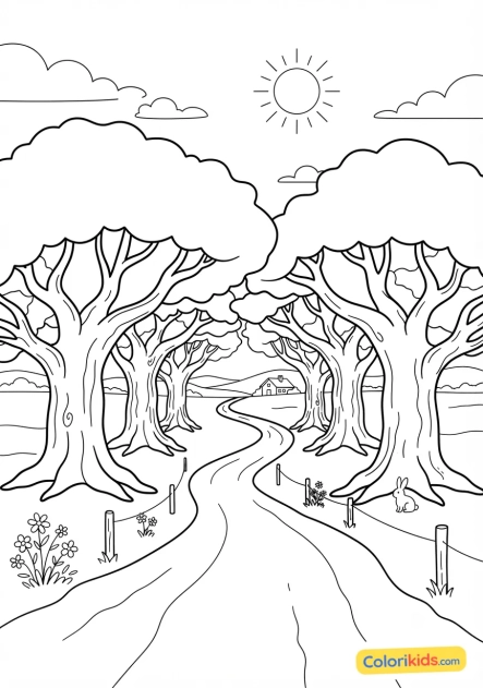 Coloriage à imprimer : route de campagne bordée de grands arbres centenaires