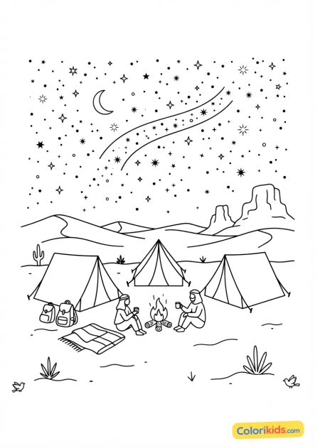 Coloriage à imprimer : campement dans le désert sous un ciel de mille étoiles