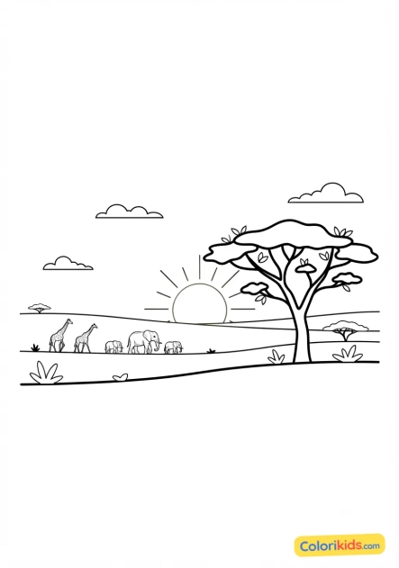 Coloriage à imprimer : coucher de soleil flamboyant sur la savane africaine