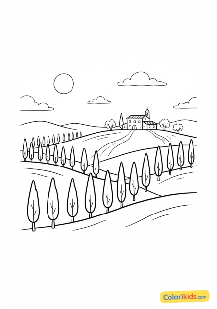 Coloriage à imprimer : collines douces de Toscane avec des cyprès alignés