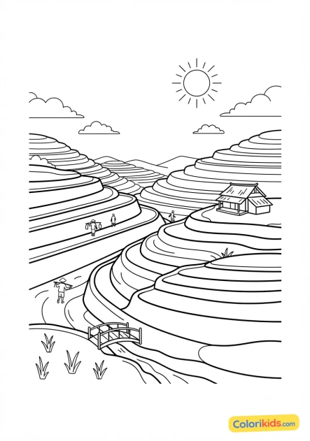 Coloriage à imprimer : collines verdoyantes en terrasses cultivées en Asie