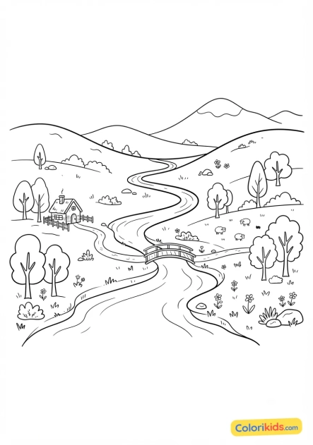 Coloriage à imprimer : vallée verdoyante traversée par une rivière sinueuse