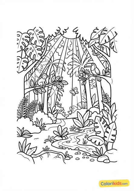 Coloriage à imprimer : forêt tropicale humide avec des rayons de soleil filtrés
