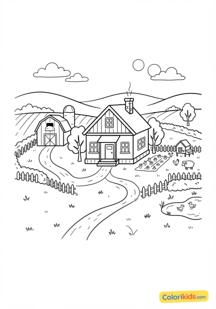 Coloriage à imprimer : ferme rustique isolée au milieu de prairies verdoyantes
