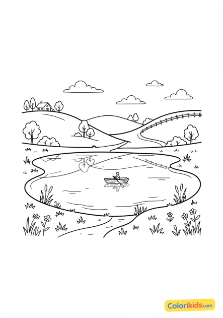 Coloriage à imprimer : grand lac de prairie entouré de collines verdoyantes