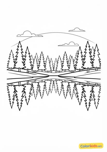 Coloriage à imprimer : lac miroir reflétant une forêt de conifères endormie