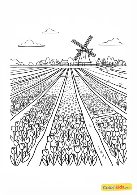 Coloriage à imprimer : champs de tulipes multicolores au printemps en Hollande