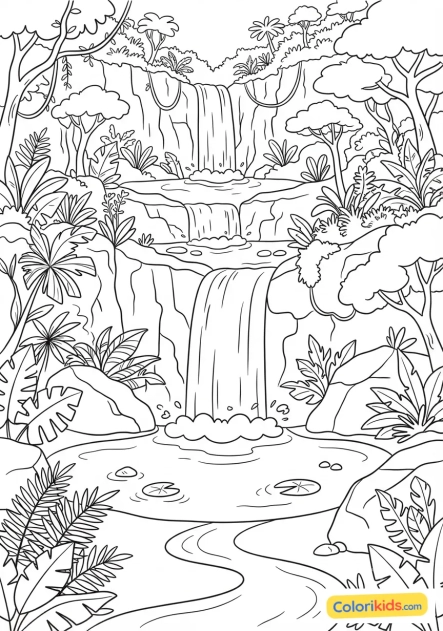 Coloriage à imprimer : cascades multiples dans une jungle luxuriante et sauvage