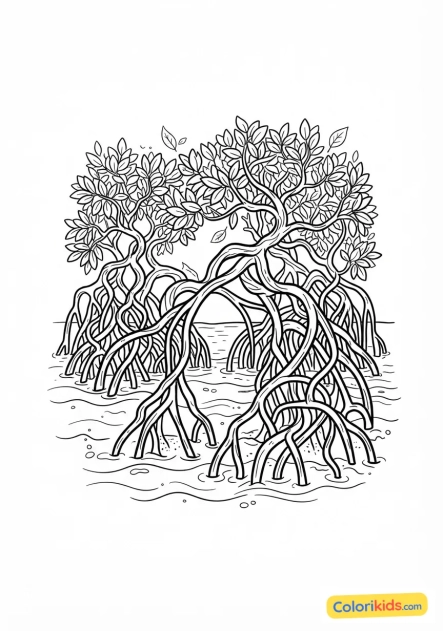 Coloriage à imprimer : mangrove mystérieuse avec des racines entrelacées dans l'eau