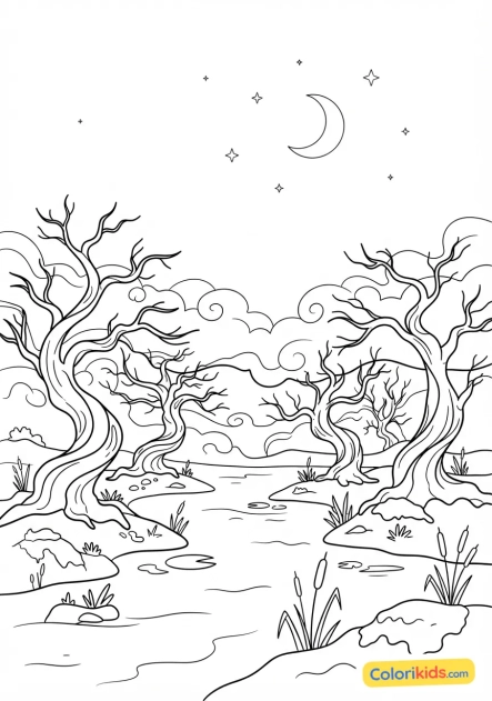 Coloriage à imprimer : marais mystérieux avec des arbres noueux et de la brume
