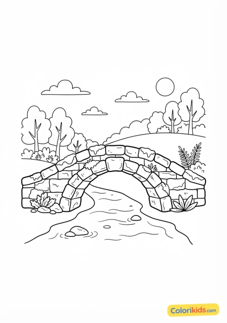 Coloriage à imprimer : vieux pont de pierre moussu enjambant un petit ruisseau