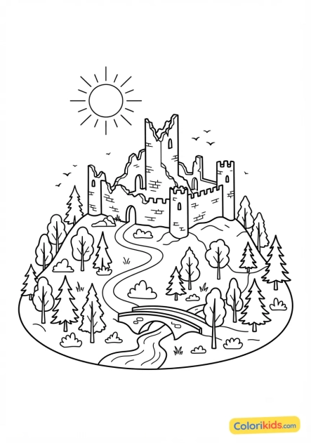 Coloriage à imprimer : ancien château fort en ruine sur une colline boisée