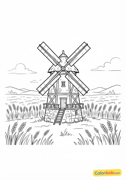 Coloriage à imprimer : vieux moulin à vent au milieu d'un champ de blé doré