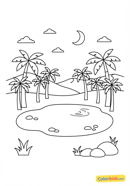 Coloriage à imprimer : oasis paisible avec des palmiers autour d'un point d'eau