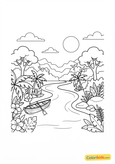 Coloriage à imprimer : rivière paisible serpentant à travers une forêt tropicale