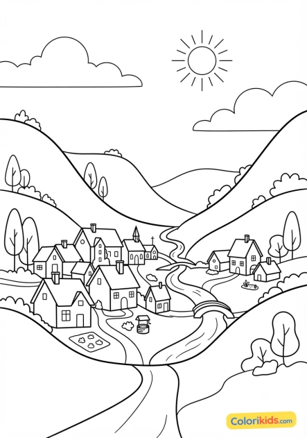 Coloriage à imprimer : village pittoresque niché au creux d'une vallée