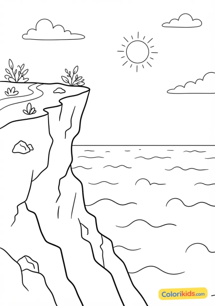 Coloriage à imprimer : falaise abrupte surplombant une mer azur infinie