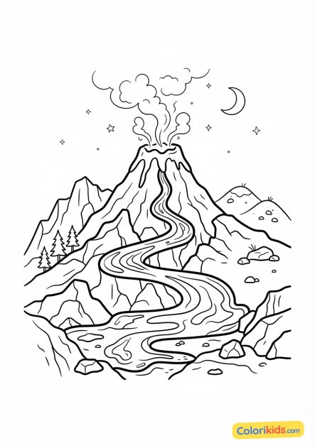 Coloriage à imprimer : paysage volcanique avec des coulées de lave noire et de la vapeur