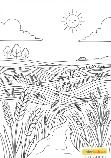 Coloriage à imprimer : champs de blé ondulant sous la brise estivale