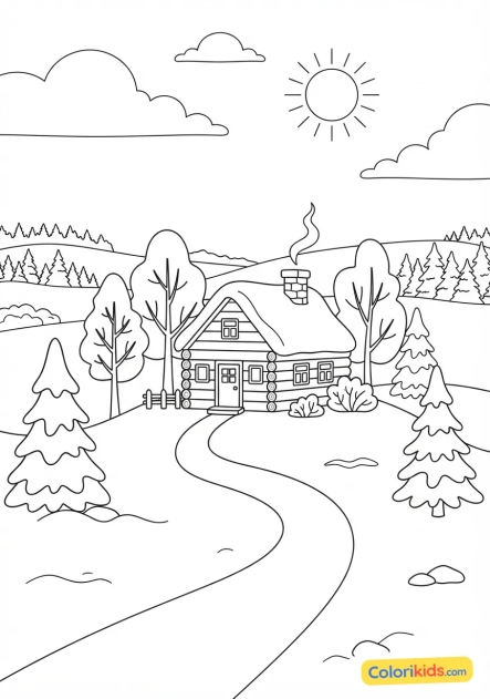 Printable coloring page: winter landscape with snowy trees and a cabin