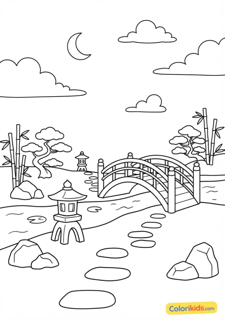 Coloriage à imprimer : jardin japonais zen avec un pont rouge et des lanternes