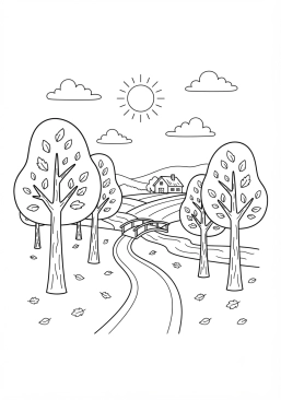 Voir le coloriage Paysage d'automne avec des arbres aux feuilles orangées