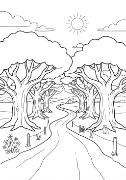 Voir le coloriage Route de campagne bordée de grands arbres centenaires