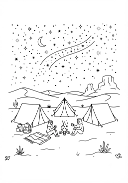 Voir le coloriage Campement dans le désert sous un ciel de mille étoiles