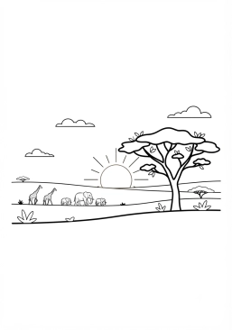 Voir le coloriage Coucher de soleil flamboyant sur la savane africaine