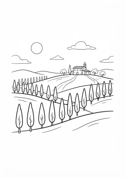 Voir le coloriage Collines douces de Toscane avec des cyprès alignés