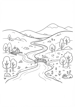 Voir le coloriage Vallée verdoyante traversée par une rivière sinueuse