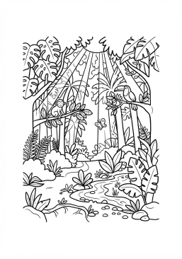 Voir le coloriage Forêt tropicale humide avec des rayons de soleil filtrés