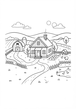 Voir le coloriage Ferme rustique isolée au milieu de prairies verdoyantes