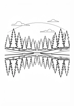 Voir le coloriage Lac miroir reflétant une forêt de conifères endormie