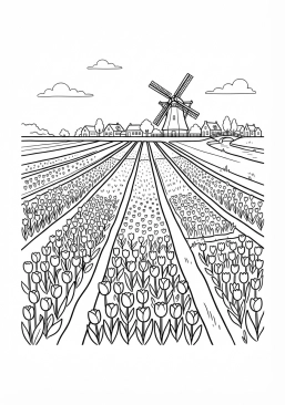 Voir le coloriage Champs de tulipes multicolores au printemps en Hollande