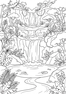 Voir le coloriage Cascades multiples dans une jungle luxuriante et sauvage