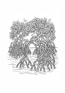 Voir le coloriage Mangrove mystérieuse avec des racines entrelacées dans l'eau