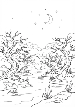 Voir le coloriage Marais mystérieux avec des arbres noueux et de la brume