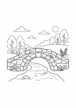 Voir le coloriage Vieux pont de pierre moussu enjambant un petit ruisseau