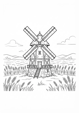 Voir le coloriage Vieux moulin à vent au milieu d'un champ de blé doré