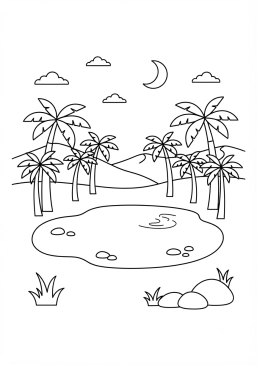 Voir le coloriage Oasis paisible avec des palmiers autour d'un point d'eau