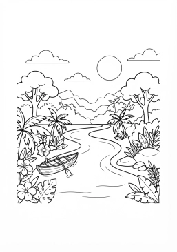 Voir le coloriage Rivière paisible serpentant à travers une forêt tropicale
