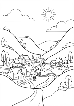 Voir le coloriage Village pittoresque niché au creux d'une vallée