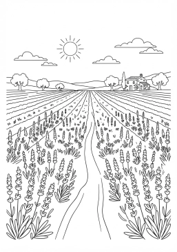 Voir le coloriage Champ de lavande violette s'étendant à perte de vue