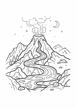 Voir le coloriage Paysage volcanique avec des coulées de lave noire et de la vapeur